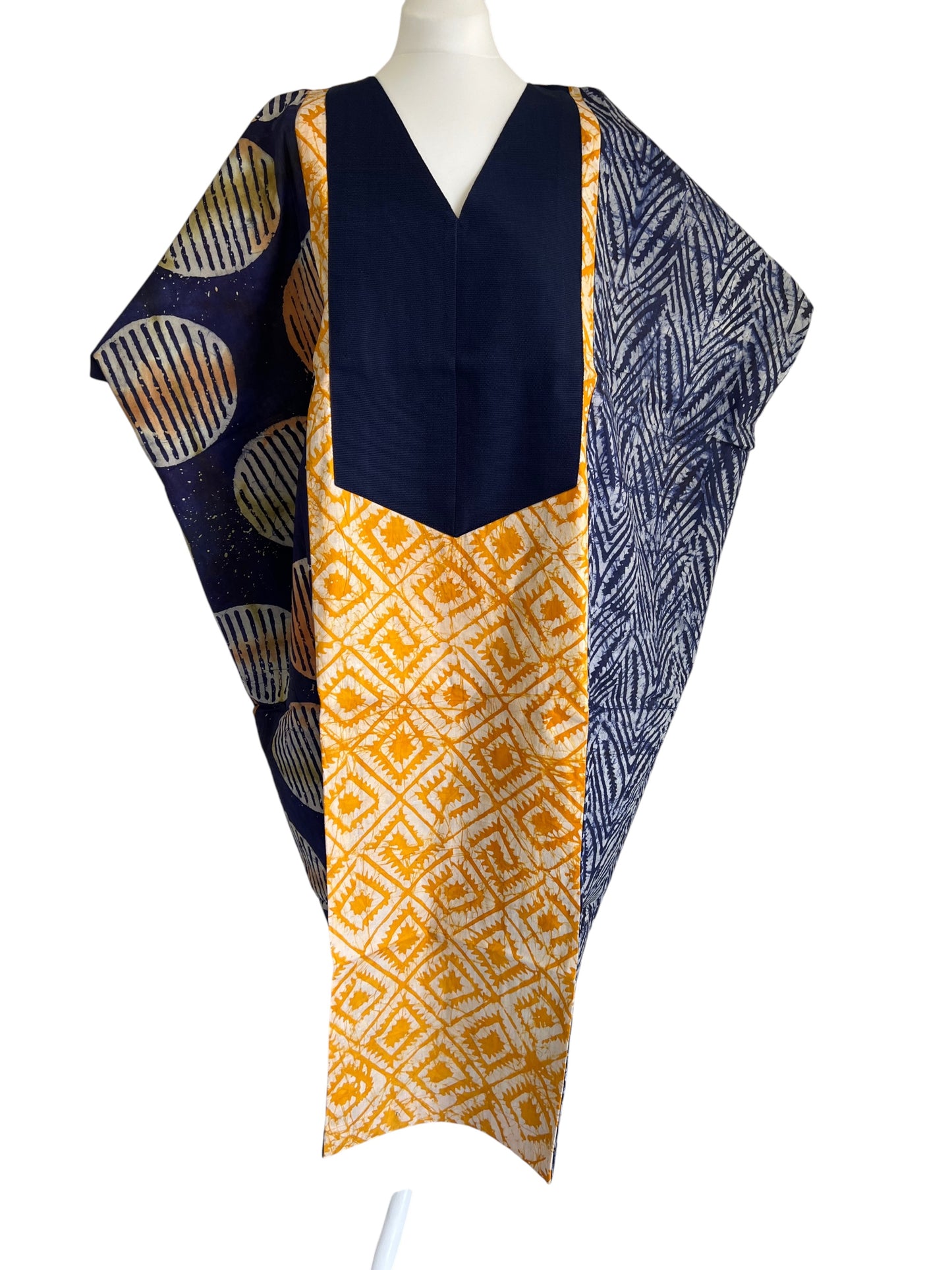 Boubou dress in mix print, with hand-woven aso-oke in Navy