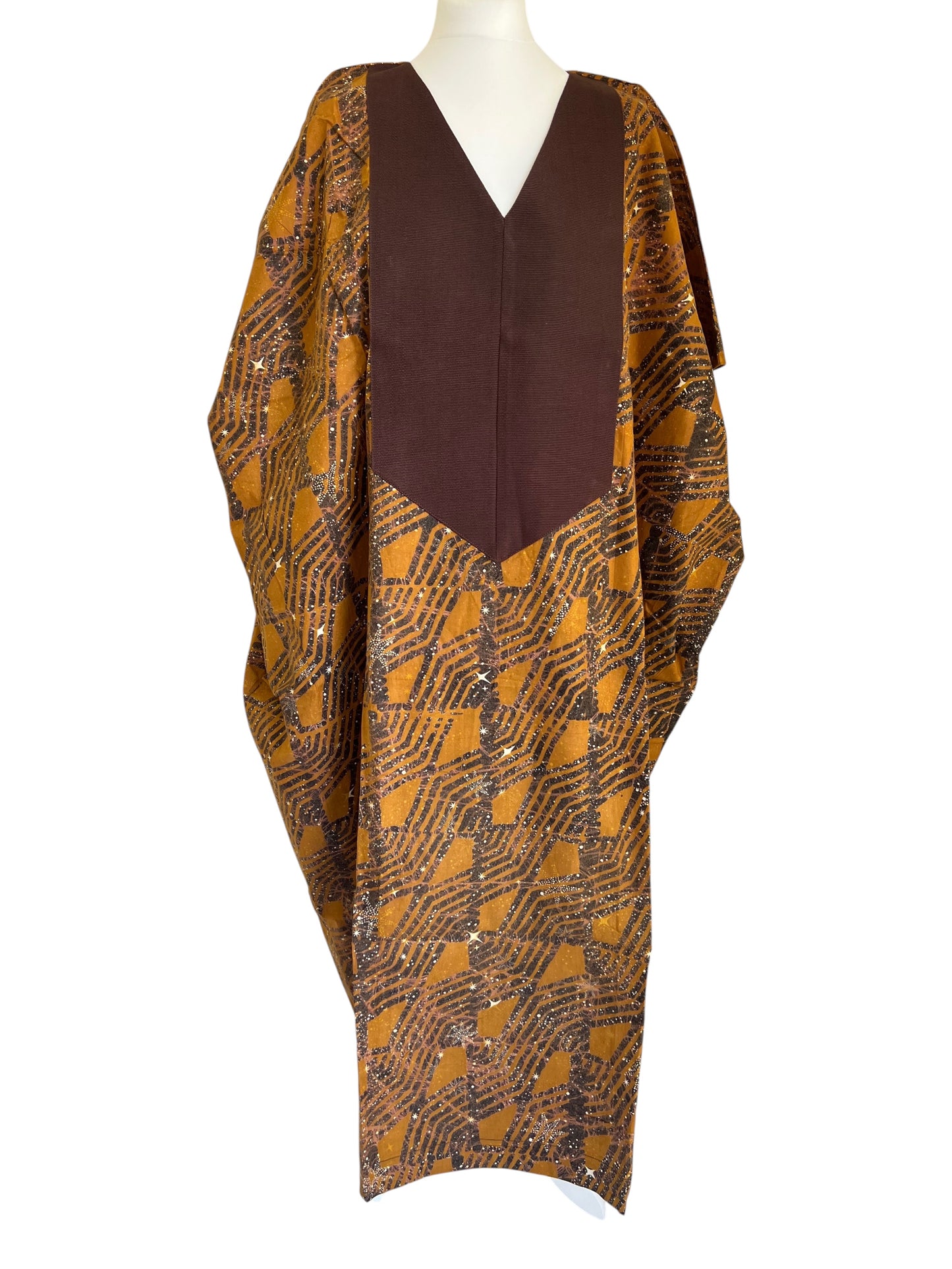 Boubou dress with hand woven aso-oke in brown